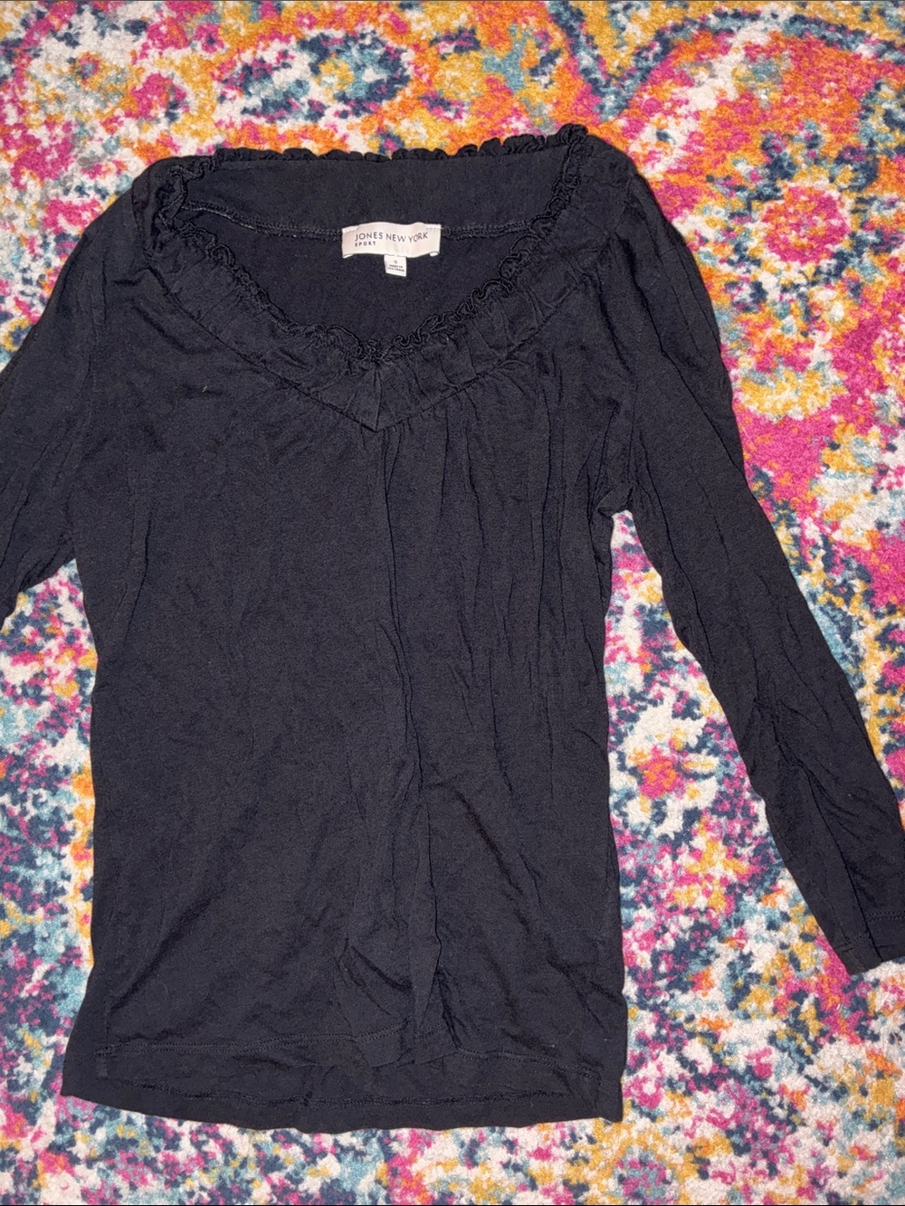 Jones New York Black Long-Sleeve Ruffle Trim V-Neck Top